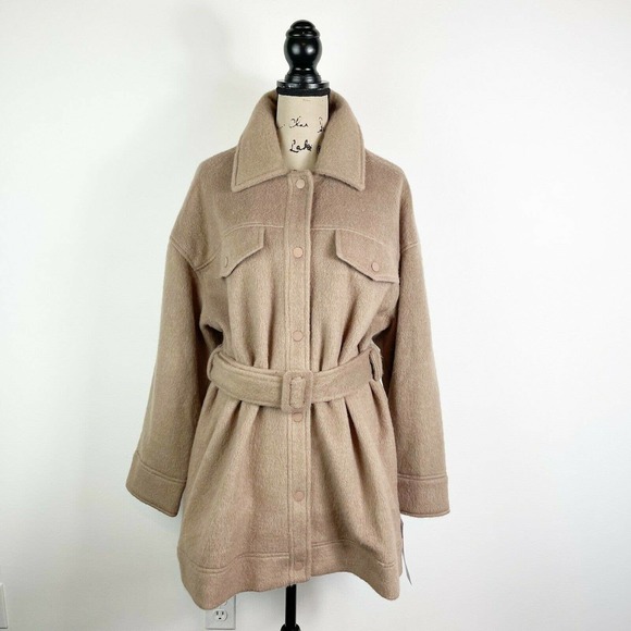 Topshop NWT Women's Tan Snap Button Belted Shacket Coat 12 - Picture 2 of 9